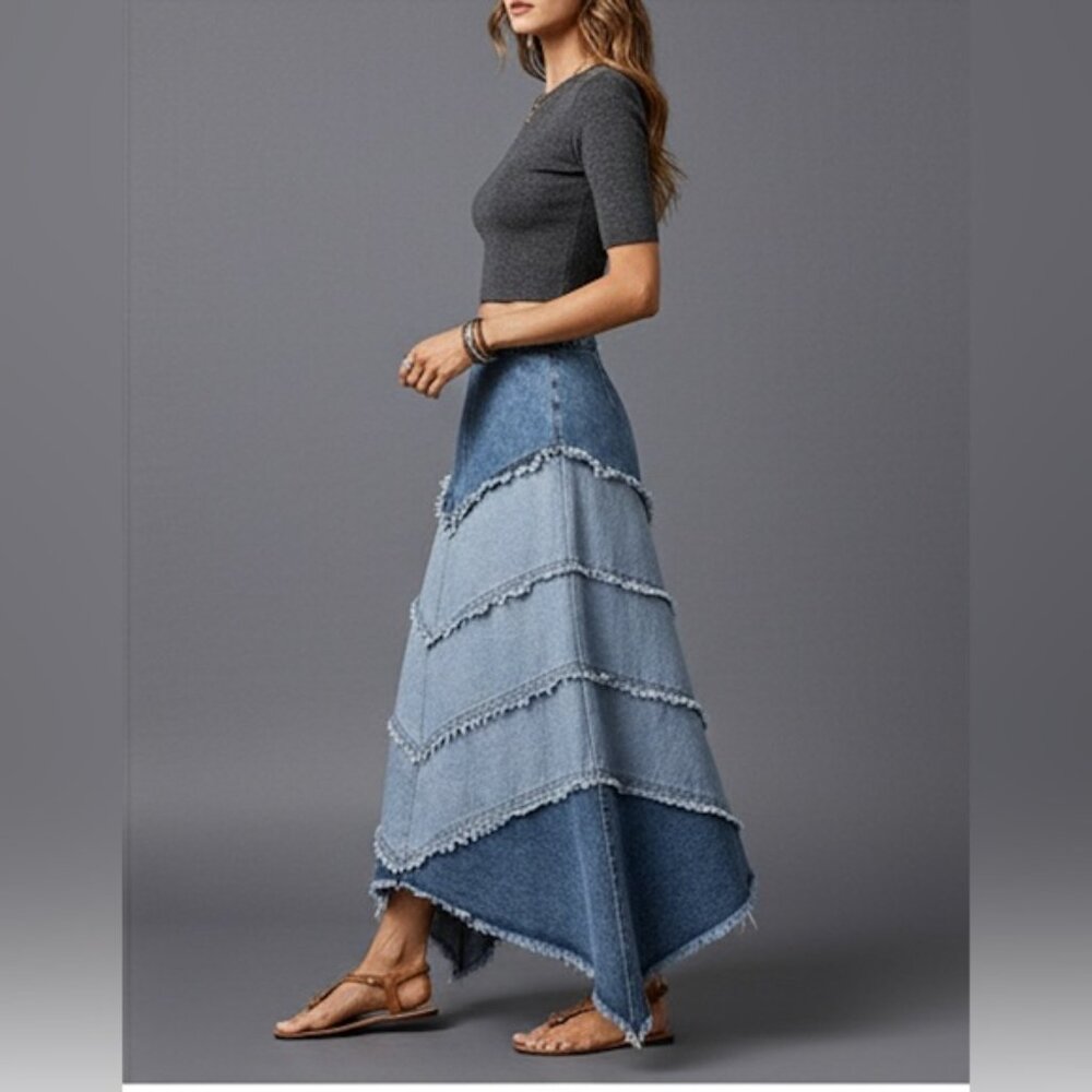 Long Denim Patchwork Skirt - Picture 3 of 8